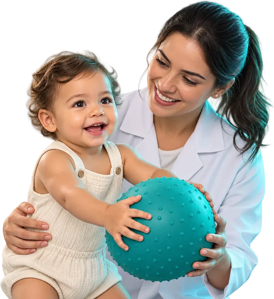 Cena ilustrativa gerada por IA: um bebê segura uma bola sensorial no colo de uma profissional de jaleco.
