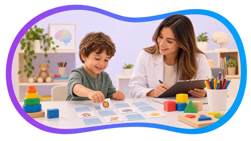 Cena ilustrativa: um menino organiza cartões com figuras sobre a mesa enquanto uma profissional de jaleco registra as respostas em uma prancheta.