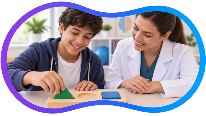Cena ilustrativa: um adolescente encaixa formas geométricas em uma prancha de madeira sobre a mesa, com uma profissional de jaleco ao lado.