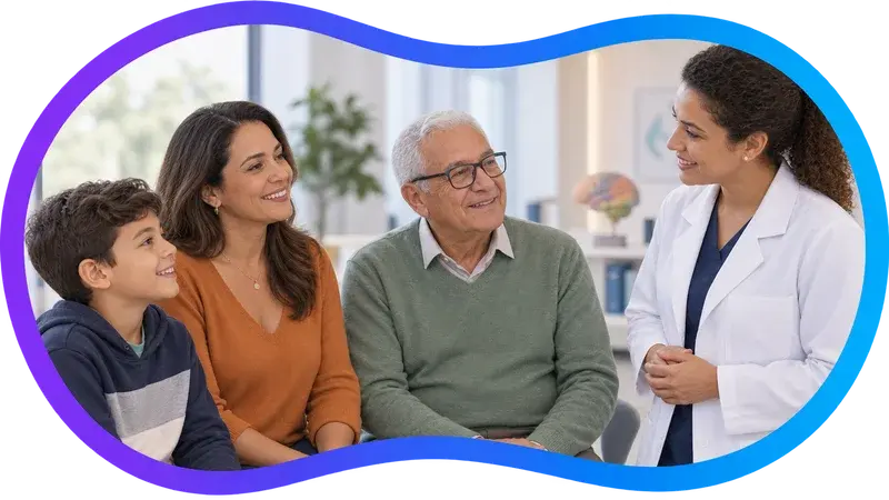 Cena ilustrativa: um menino, uma mulher e um senhor de óculos, sentados lado a lado, conversam com uma profissional de jaleco em um consultório com um modelo de cérebro ao fundo.